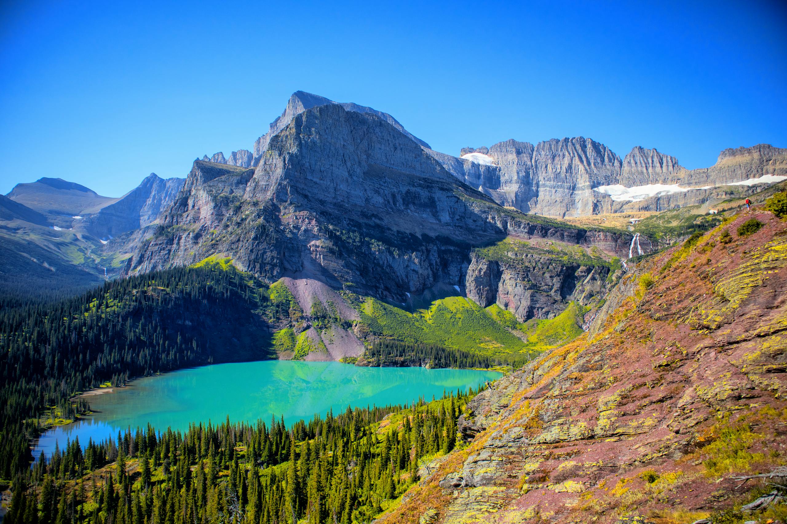 Breathtaking view of turquoise lake and mountains in Glacier National Park.