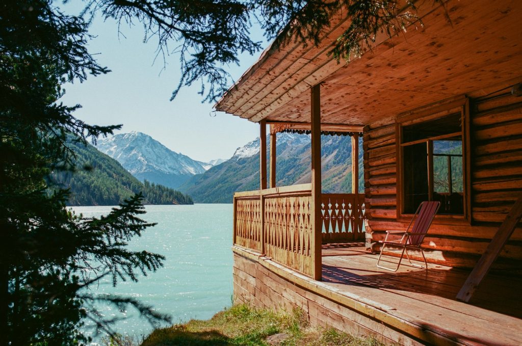 Mountain cabins near Whitefish Montana with ski resort in background