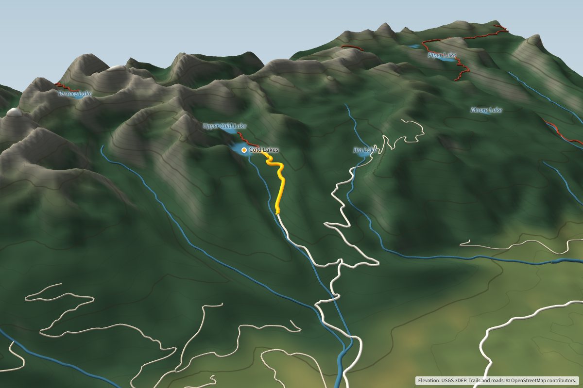 3D map of the Cold Lakes trail in the Mission Mountains near Condon, Montana, with Jim Lake and Cold Creek Road