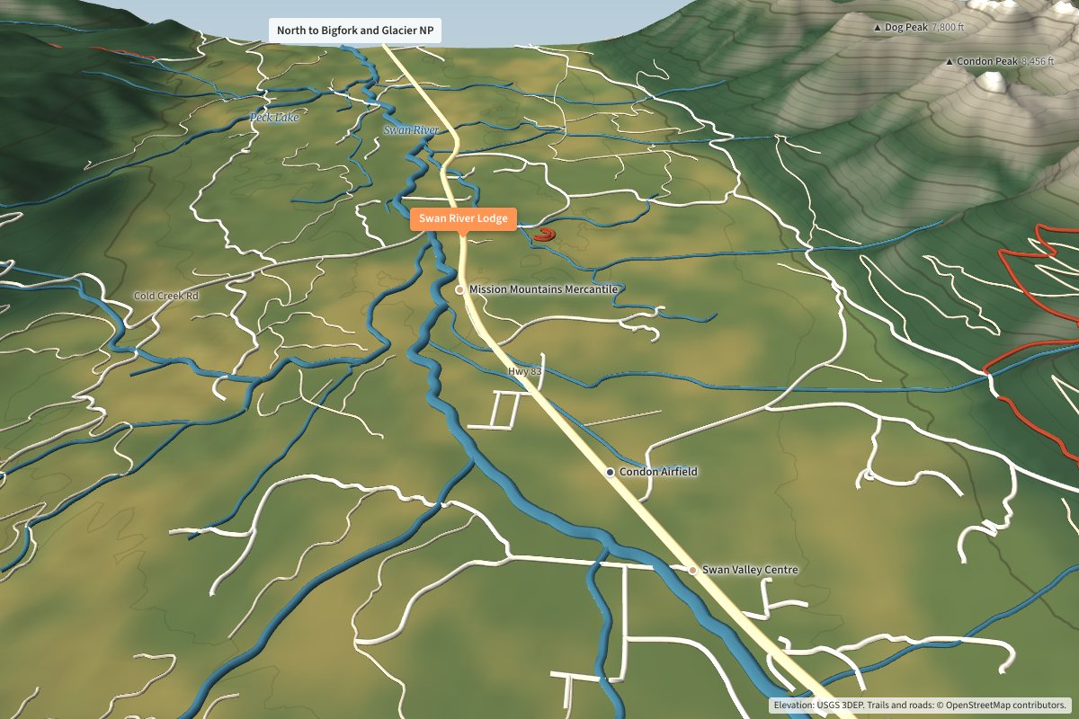 3D map of Condon, Montana along Hwy 83 showing Swan River Lodge, Mission Mountains Mercantile and Condon Airfield