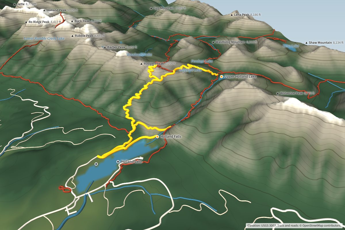 3D map of Holland Lake, Montana with the Holland Falls and Upper Holland Lake trails in gold below Holland Peak