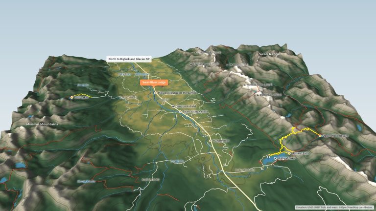Interactive 3D map of Swan Valley, Montana showing Condon, Holland Lake, the Mission Mountains and the Swan Range